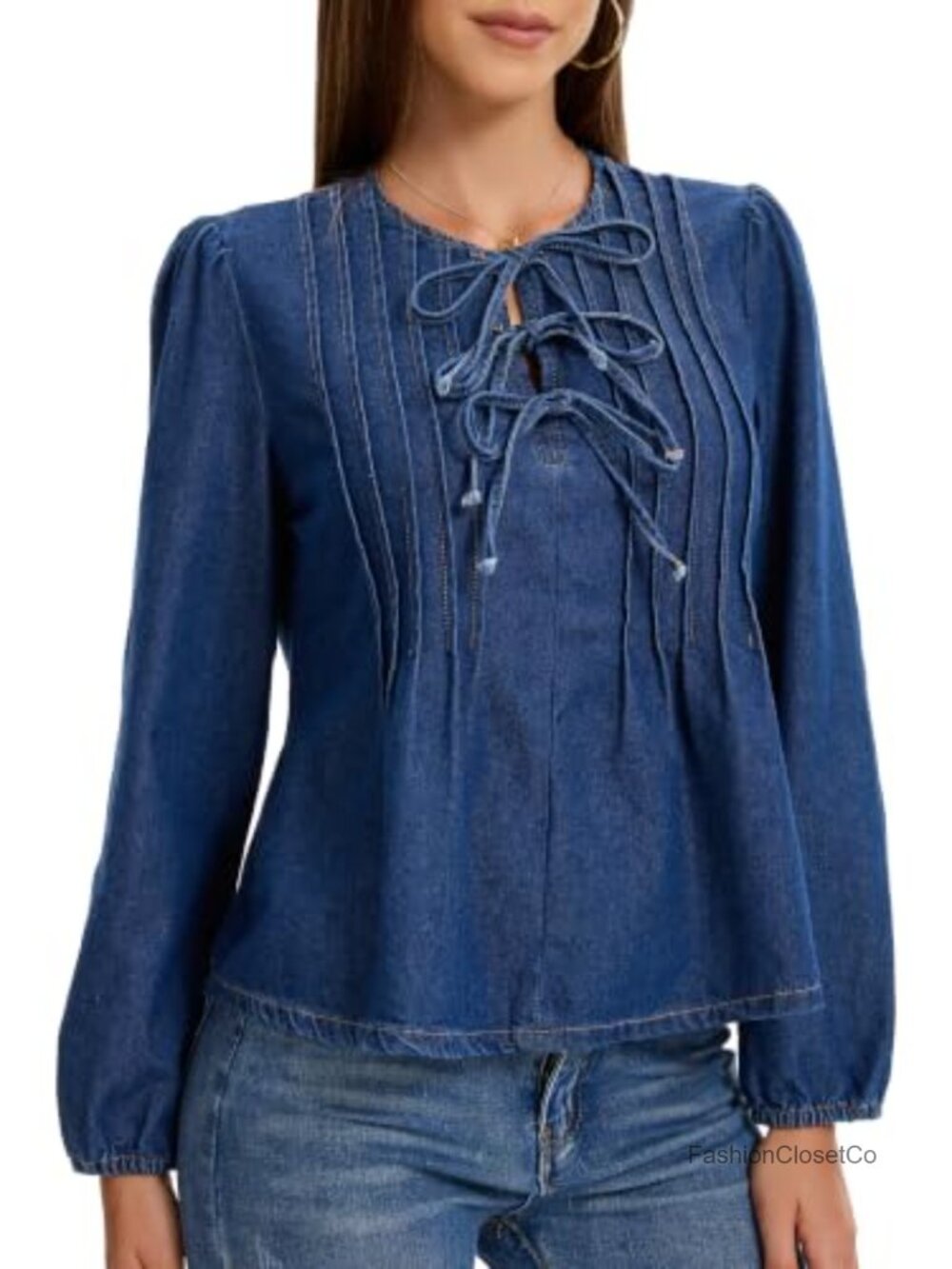 Women's Babydoll Peplum Denim Top Bow Tie Front Jean Shirt Cotton Blend